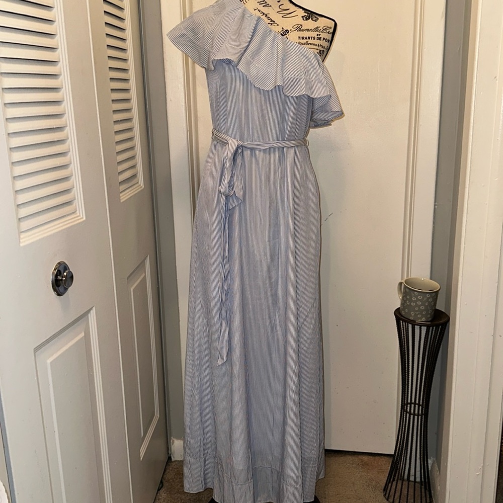 Banana Republic blue and white striped maxi dress- SZ XS - one shoulder ruffle